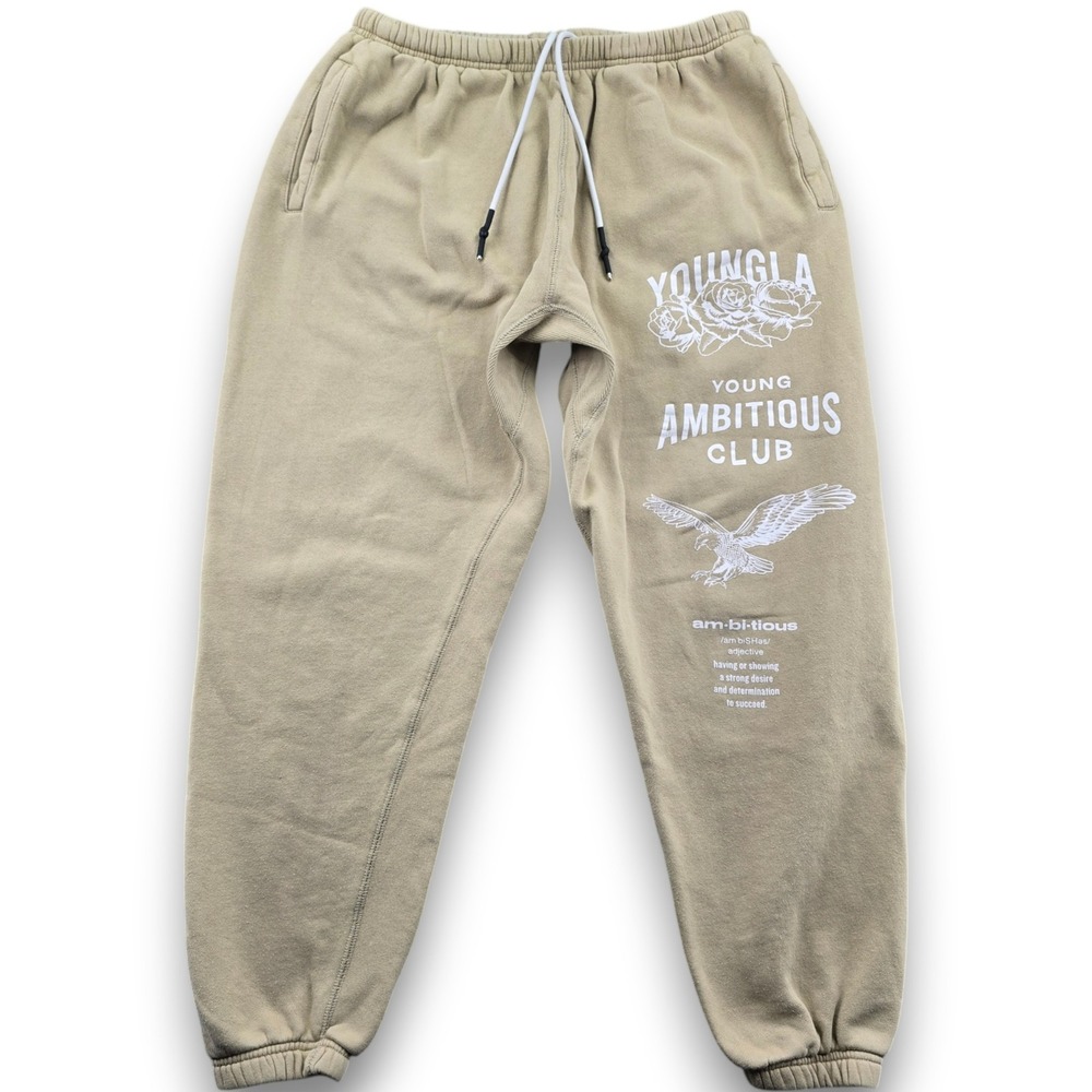 YoungLA Ambitious Club Joggers Mens 2XL Tan Khaki Graphic Fleece Sweatpants